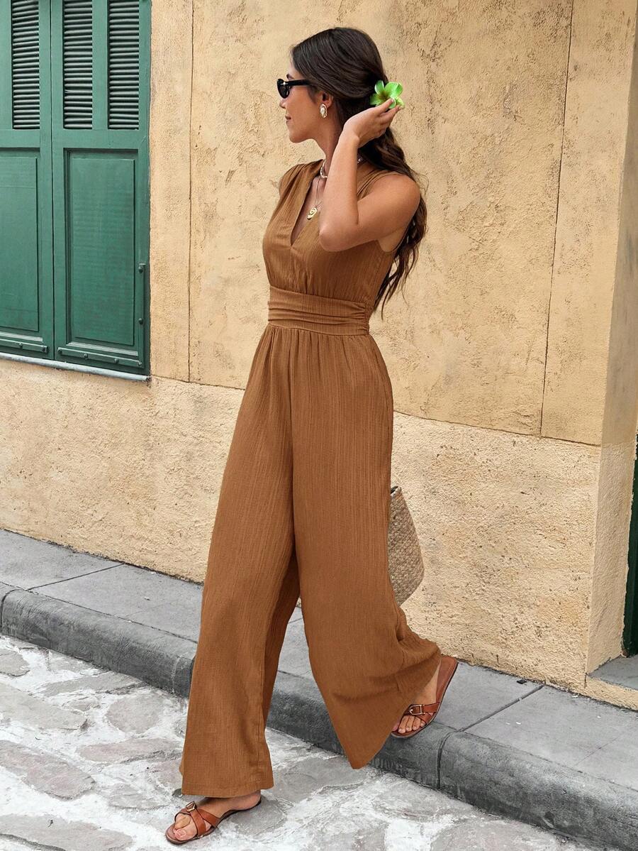 Serisse 女式纯色无袖V领纹理面料连体裤 - 咖啡棕 - 查看 1