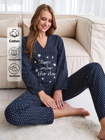 EURMUSE 100% Cotton 2Pcs  V Neck Polka Dot&Slogan Printed Homewear Pj Set