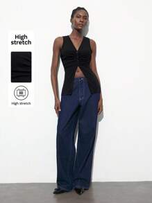 Maija Women's Spring Black Solid V-Neck Ruched Design Sleeveless Long Blouse, Resort Wear,Festival - Black - View 1