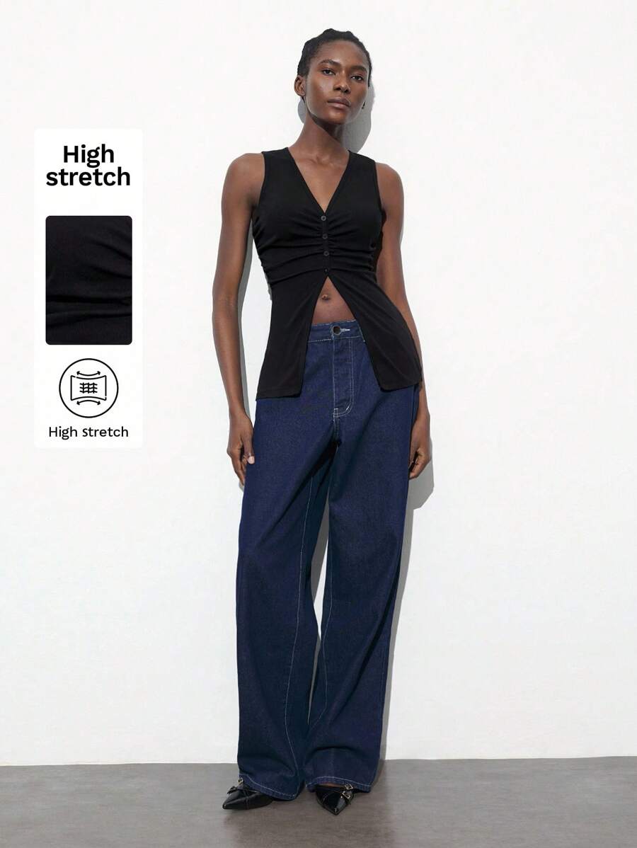 Maija Women's Spring Black Solid V-Neck Ruched Design Sleeveless Long Blouse, Resort Wear,Festival - Black - View 1