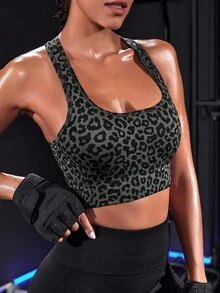 Easithlete 1 件女士性感豹纹无缝 U 领交叉后背高强度运动文胸，适合健身、锻炼、跑步、瑜伽 - 彩色 - 查看 4