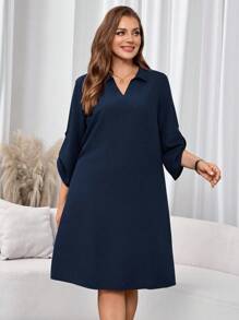 EMERY ROSE Plus Size Women's Solid Turn-Down Collar Casual Loose 3/4 Sleeve Dress Plus Size Navy Blue Dress,Autumn,Fall Women's Clothes,Fall Clothes For Women