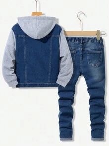 2Pcs Tween Boy Fashion Casual Y2k Vintage Cool Street Returns To School College Two Pieces Set Of Basic Simple Blue Denim With Grey Knitted Hooded Long-Sleeved Jacket And Basic Simple Comfortable And Stretch Skinny Jeans For Kids Clothes Tween Boy Soft Dailywear And Kids Winter And Fall Rave Outfits Festival And Outfits Streetwear School Clothes