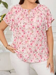 Reflora Damen Große Größen Sommer Bluse mit Blume Muster und Rüschenärmeln, locker und lässig