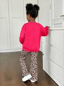 SHEIN 2pcs Young Girl Crew Neck 3D Leopard Print Bow Knit Sweater And Pants Set,Girls Cheetah Outfit For Autumn,School,Back-To-School Comfy Fall Winter - Hot Pink - View 2