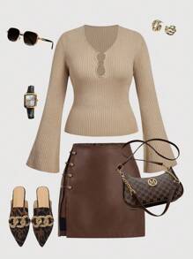 SHEIN MOD Plus Size Casual Versatile Khaki Flared Sleeve Sweater. Ribbed Knit Top.Autumn/Fall  Knit Top. - Khaki - View 1