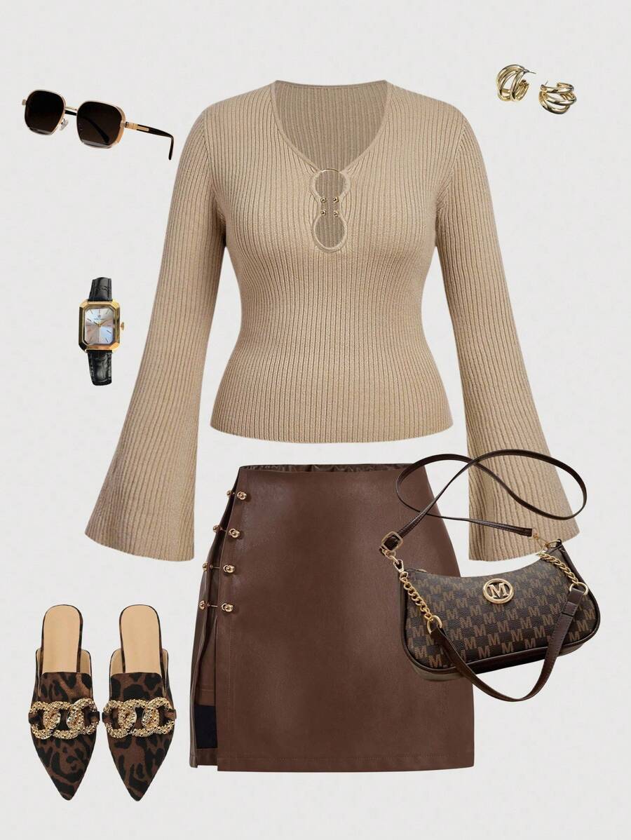SHEIN MOD Plus Size Casual Versatile Khaki Flared Sleeve Sweater. Ribbed Knit Top.Autumn/Fall Knit Top. - Khaki - View 1
