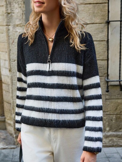 EURMUSE Pull à col zippé moelleux avec motif rayé vague noir et blanc audacieux