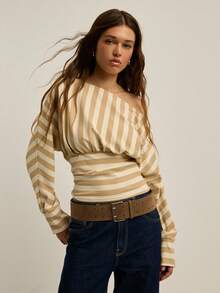 Nöista 女士秋季条纹蝙蝠袖收腰休闲时尚T恤，适合音乐节和办公室场合 - 卡其色 - 查看 1