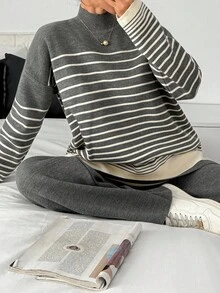 EURMUSE Contrast Hem Grey-Striped Funnel Neck Knitwear Set With Side Slits Comfortable Loungewear Set Two Piece Set Women Womens Two Piece Set Striped Two Piece Set Comfy Two Piece Set,Winter Clothes