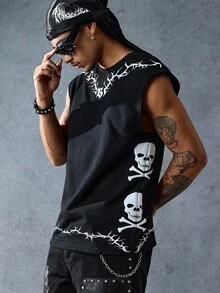 ROMWE MEN Goth 男士骷髅印花休闲宽松无袖背心，2000 年代风格 - 黑色 - 查看 6