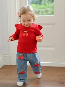 SHEIN 2pcs Baby Girls Autumn/Winter New Round Neck Knitted Flutter Sleeve Long Sleeve Cherry Decor Top And Denim Pants Casual Cute Outfit Set Fall - Multicolor - View 3