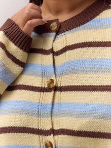 MUSERA 大码条纹圆领纽扣宽松开衫，可爱优雅高贵假日休闲居家女款，曲线奶油糖色时尚春季毛衣，情人节款 - 彩色 - 查看 6