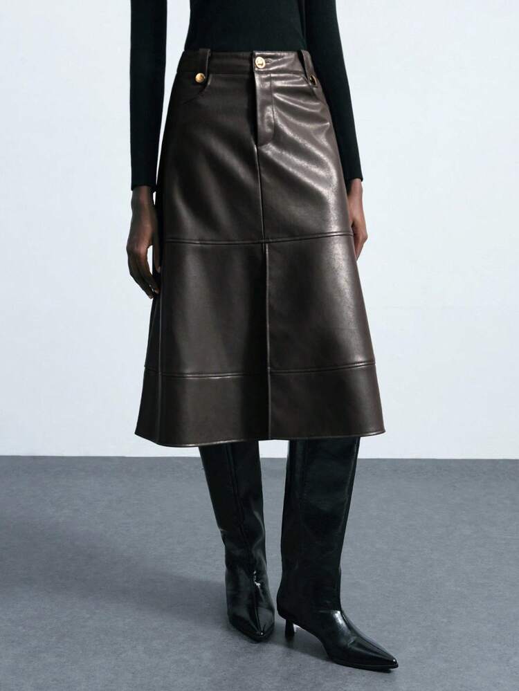 SHEIN Maija 2026 Modern City Early Autumn Classic PU Metal Buckle Design Midi Skirt, Suitable For Early Autumn Party Season And Back To School Season Fall Clothes For Women , Fall Outfits Women , Halloween, Elegant, Goth,  Brown Skirt Brown Leather Skirt Faux Leather Skirt Midi,Business Casual Outfits Women, A Line Skirt,, Old Money Style