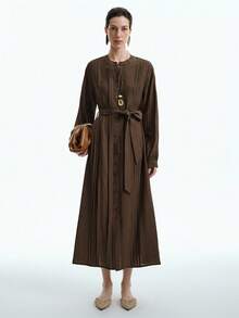 Aalyst 女士休闲纯色长袖连衣裙，前绑带设计，腰带，A 字下摆，通勤和外出百搭，秋季 - 棕色 - 查看 7