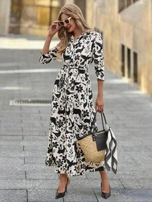 SHEIN Clasi 女式衬衫式超长连衣裙，黑色剪影印花，秋季休闲长袖连衣裙 - 黑與白 - 查看 3