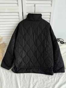 Comfortcana Plus Size Casual Solid Color Drawstring Hem Jacket, Autumn/Winter Quilted Jacket Black Jacket Fall
