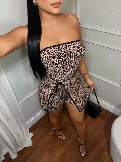 SHEIN SXY Mono elegante sin mangas con estampado de leopardo y ribete de contraste
