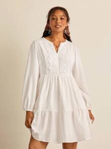 SHEIN VCAY Plus Size Solid Color Minimalist Long Sleeve Casual Dress Long Sleeve Fall Dress  White Lace Dress Country Going Out Airport Outfit Resort Wear Women - White - View 4