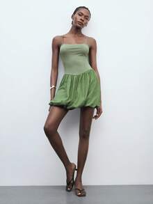 Maija Women's Summer Casual Patchwork Ruffle Hem Spaghetti Strap Mini Dress - Green - View 7