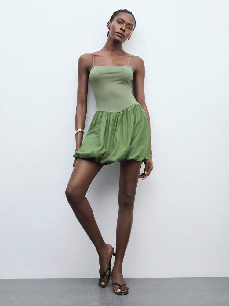 SHEIN Maija Women's Summer Casual Patchwork Ruffle Hem Spaghetti Strap Mini Dress