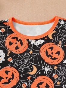 Tween Boys' Halloween Pumpkin Graphic Print Long Sleeve Top And Leggings Set, Pumpkin Lantern Pattern, Snug Fit Pajamas Fall Winter - Multicolor - View 4