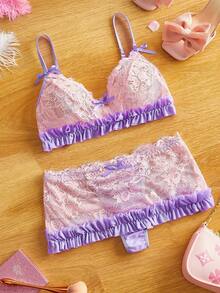 FairyFlirt مجموعة ملابس داخلية نسائية مزينة بالزهور والدانتيل والفيونكة والكشكشة - ارجواني - مشاهدة 1