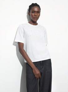 Maija Women's Spring Rhinestone Decor Design Short Sleeve Cropped White T-Shirt,Festival - White - View 7