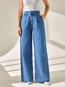 CLARA VERO Pantalón vaquero de mujer de cintura alta, pierna recta y plisado