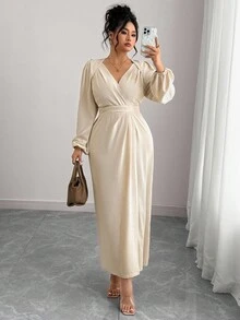 Elenzga 大码女式休闲优雅纯色荷叶边下摆松紧腰长袖长裙，适合工作、度假、春/秋/冬季米色中长裙长袖优雅连衣裙米色女式连衣裙优雅连衣裙 V 领中长裙 - 杏色 - 查看 3