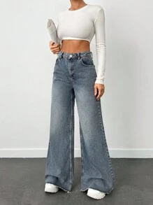 EURMUSE VINTAGE Casual WASH HIGH WAIST WIDE LEG CUT FRAYED HEM Y2K STYLE JEAN Summer Everyday Light Blue - Dusty Blue - View 3