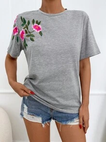 EURMUSE 100%Cotton T-Shirt With Flower Embroidery, Round Collar - Grey - View 4