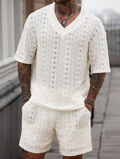 Manfinity CasualCool 男士针织纹理图案白色T恤套装