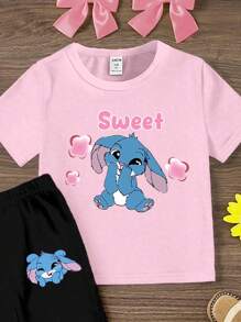 2pcs Girls Casual Outfit Set: Pink T-Shirt With Black Flare Pants, Featuring Cute Blue Rabbit, Floral, Heart, And Slogan Graphic Prints Tween Teen Girl Pants Set Girls Legging Sets Tween Leggings Set Tween Girls Flare Pants Flare Pants Set Kids