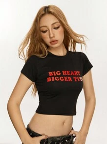 Rina Fox Áo thun nữ ngắn tay mùa hè có in khẩu hiệu BIG HEART BIGGER - màu đen - Xem 6