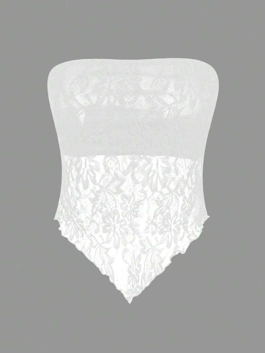 SHEIN EZwear 白色女士性感休闲蕾丝面料不对称下摆紧身抹胸上衣，适合夏季 - 白色 - 查看 1
