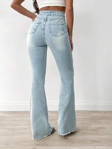 RueChic 磨边撞色正面开襟喇叭腿牛仔裤