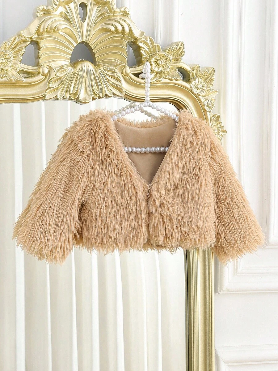 SHEIN Elladie kids Baby Girls' Minimalist Solid Color Plush Short Jacket, Suitable For Outings In Autumn/Winter Fall - Khaki - View 1