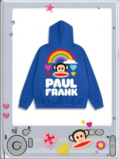 Paul Frank X ROMWE Sudadera con capucha con cremallera y bolsillo con estampado de dibujos animados para hombre, otoño e invierno
