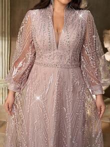 Aureia 加大码优雅奢华深 V 领长袖透明美人鱼下摆连衣裙，带珍珠和水钻装饰，适合婚礼、派对、庆典、单身派对、正式晚会 - 藕粉色 - 查看 4