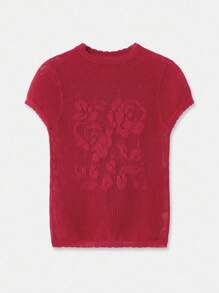 lacRébo Blusa con patrón de flores rojas a crochet con detalle de borde de concha, atuendos de maestro, salida, atuendos de oficina - Burdeos - Ver 8