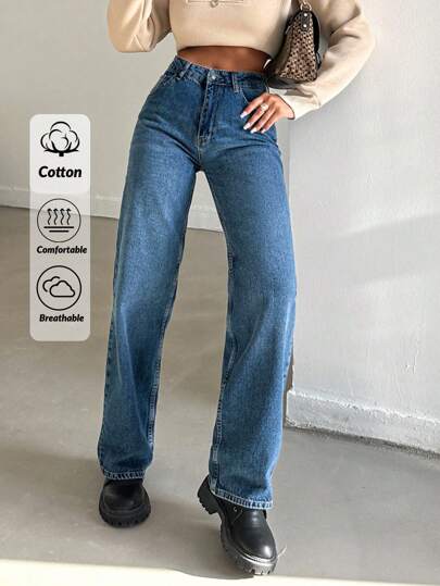 EURMUSE 100%Cotton Zipper Fly Straight Leg Jeans