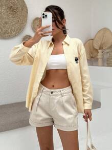 EURMUSE Quần short denim giản dị đơn giản cho mùa hè - Màu be - Xem 5