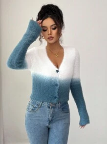 Elenzga 秋冬女士柔软渐变色仿貂针织开衫 - 彩色 - 查看 5