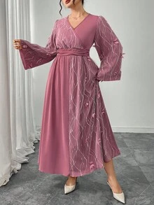 Modelyn Elegant Floral Patchwork Crossover Neck Flare Sleeve Plus Size Dress, Romantic & Fashionable Fall Cloth For Women - Pink - View 6