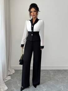 Elenzga Elegantes romantisches Urlaubs- & Büro Outfit, Zweiteiler aus Schwarz-Weiß-Farbblock Hemd und Hose