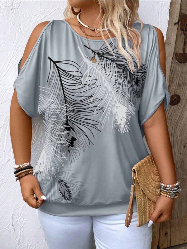 EMERY ROSE 大码度假风格植物印花露肩T恤，适合休闲场合，图案T恤，女式上衣