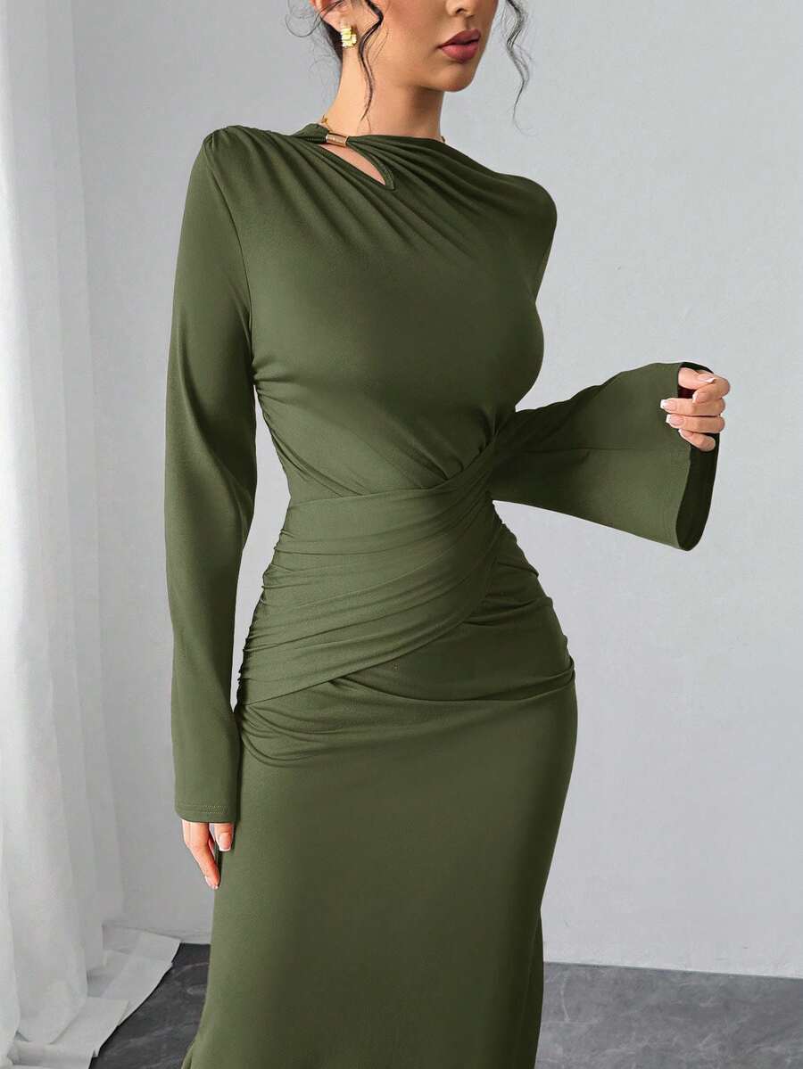 Modelyn 女式优雅纯色喇叭袖连衣裙 - 軍綠色 - 查看 1