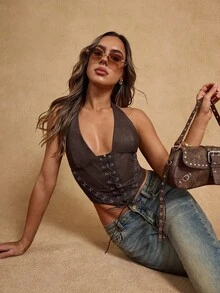 SHEIN BAE 女士棕色露背水洗做旧皮革金属装饰简约时尚上衣，系带设计，适合节日、音乐会、锐舞派对、夜店、秋季、性感夜生活、无上装俱乐部、乡村西部风情、万圣节、外出等场合。 - 棕色 - 查看 1