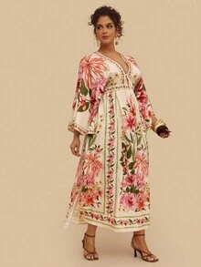 Travachic Váy dài tay loe họa tiết hoa Bohemian cỡ lớn, thắt eo, trang phục thường ngày ngày lễ, thích hợp cho các buổi đi chơi mùa thu, tiệc tùng, tụ tập - Nhiều màu - Xem 4